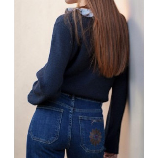 Cardigan azul de lana con cuello de rayas | COCCO