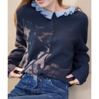 Cardigan azul de lana con cuello de rayas | COCCO