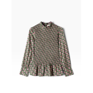Blusa verde de algodón con nido de abeja y flores | COCCO